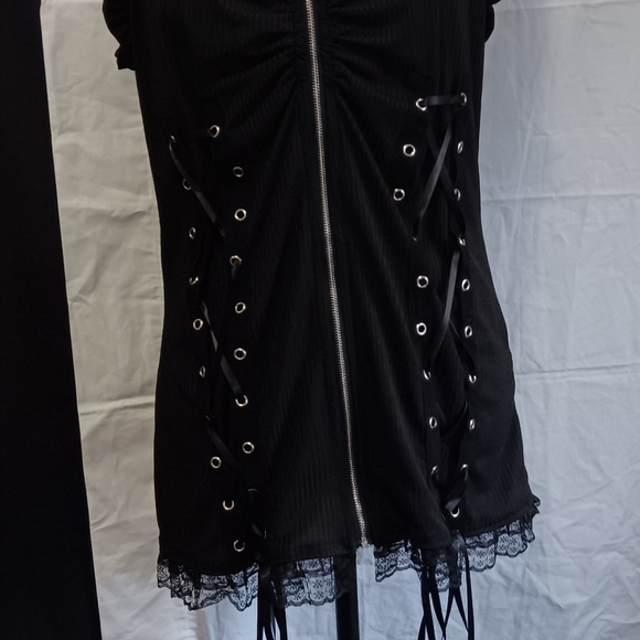 Womens black zippered corset casual top Gothic style sexy lace up ribbed top Xl - Picture 5 of 7